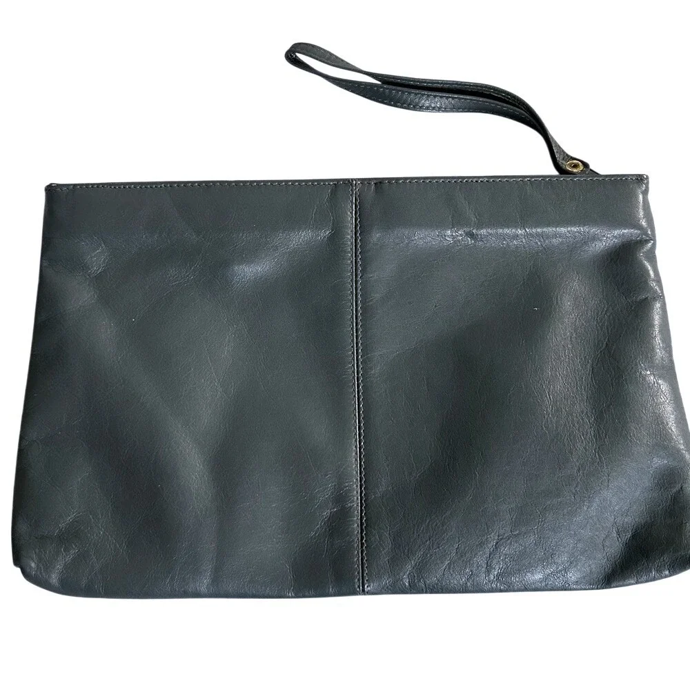 Vintage‎ Almondo Grey Leather Pleated Wristlet Clutch Bag Gold Buckle Detail